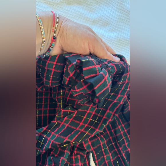 LOFT Black Red Green Gold Plaid V-Neck Blouse Puff Sleeve Top Women’s Shirt - Picture 12 of 16